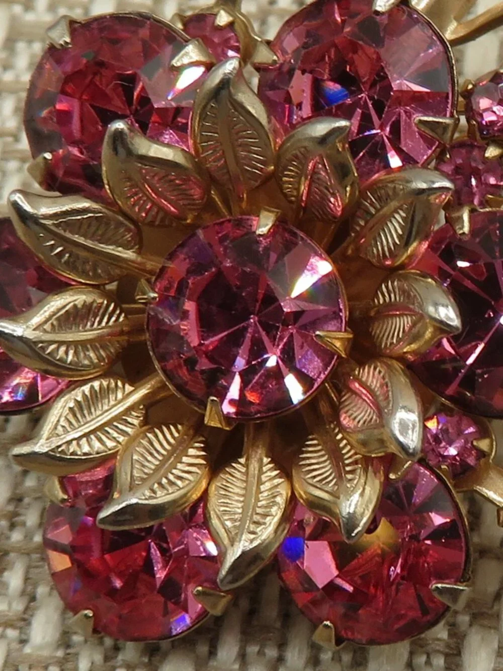 Vintage Floral Pink Purple Rhinestone Gold Tone Brooch